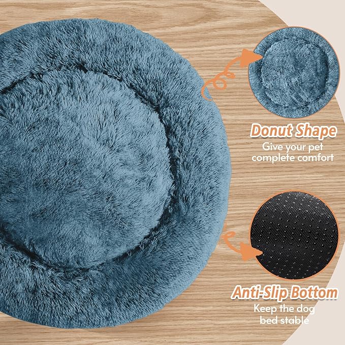JOLLYVOGUE Medium Calming Dog Bed, Anti-Anxiety Donut Cuddler Cat Bed with Anti-Slip Bottom, Fluffy Faux Fur Machine Washable Pet Cushion for Medium Large Dog & Cat (31")
