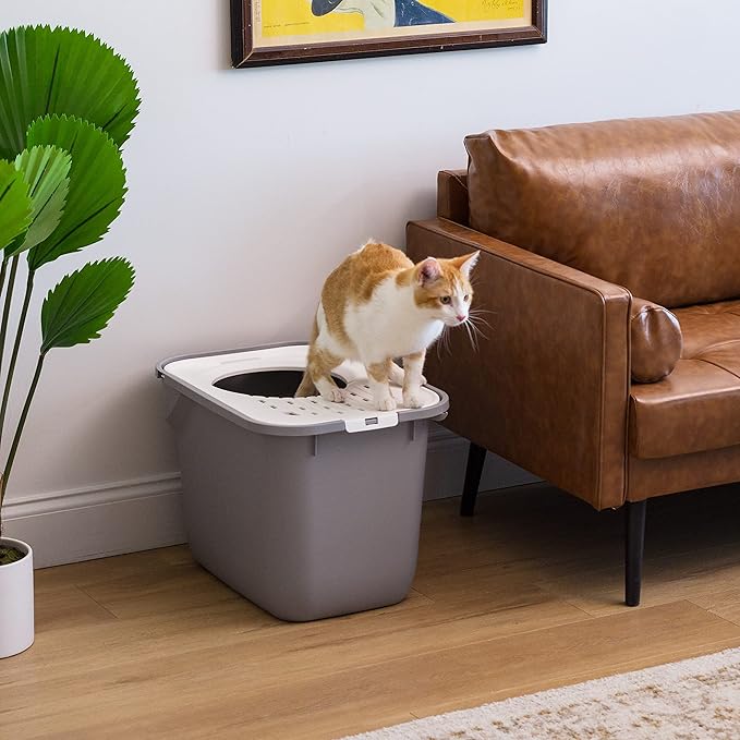 IRIS USA Cat Litter Box, Large Cat Box Enclosure, Top Entry with Litter Catching Lid, Enclosed with Scoop, Gray/White
