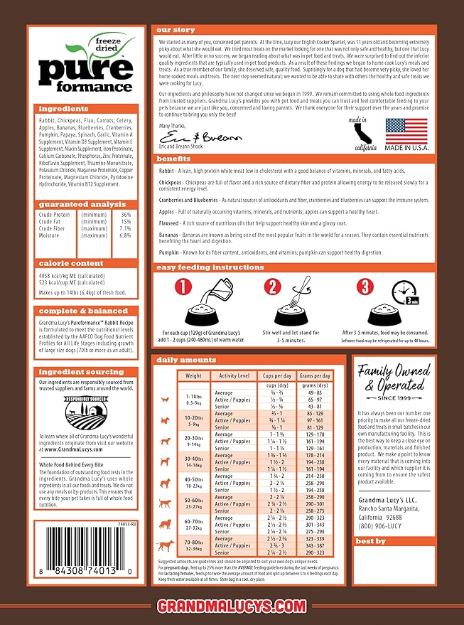 Grandma Lucy's PUREformance Dog Food, Grain Free and Freeze-Dried - Rabbit, 10 Pound Bag