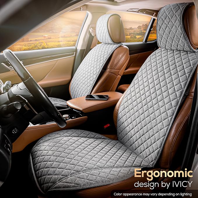 IVICY Faux Linen Car Seat Cover for Cars - Durable & Non-Slip - Front Car Seat Protector Covers for Most Automotive, Vans, SUVs, Trucks - 1 Unit - Cool Gray