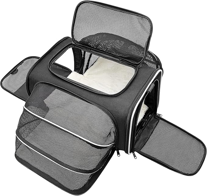 Cat Carrier Airline Approved Pet Carrier, Expandable Foldable Soft-Sided Dog Carrier, 3 Open Doors, 2 Reflective Tapes, Pet Travel Bag Safe and Easy for Cats and Dogs(Black)