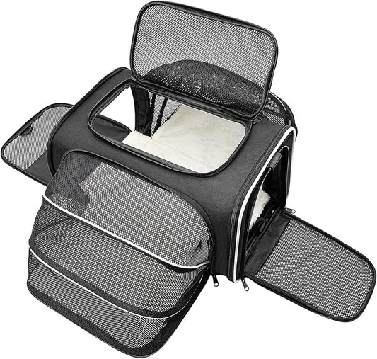Cat Carrier Airline Approved Pet Carrier, Expandable Foldable Soft-Sided Dog Carrier, 3 Open Doors, 2 Reflective Tapes, Pet Travel Bag Safe and Easy for Cats and Dogs(Black)