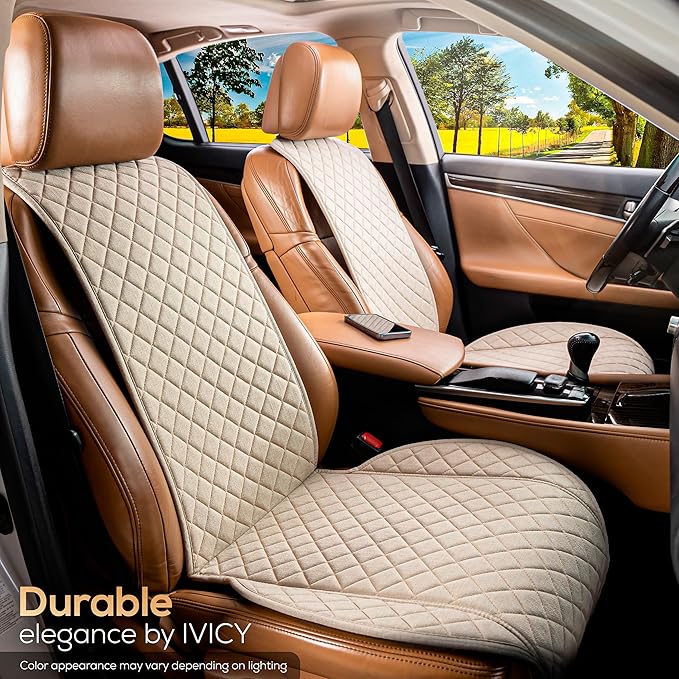 IVICY Faux Linen Car Seat Cover for Cars - Durable & Non-Slip - Front Car Seat Protector Covers for Most Automotive, Vans, SUVs, Trucks - 1 Unit - Light Beige