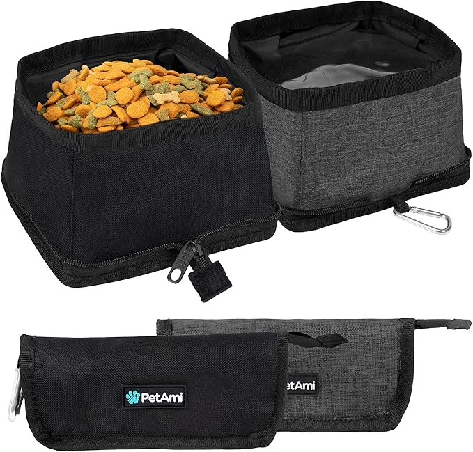 PetAmi Collapsible Dog Bowls 2 Pack, Food and Water Bowls Travel Set, Portable Pet Dish No Spill, Foldable Lightweight BPA Free Leakproof Bowls, Camping Hiking Walking Outdoor Gear Accessories, Black