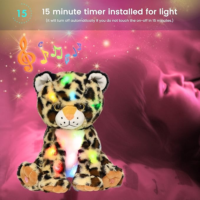 Hopearl LED Musical Plush Leopard Lighting Up Cheetah Stuffed Animal Panther Floppy Night Lights Glow in The Dark Birthday Festival for Kids Toddlers Boys, 11''
