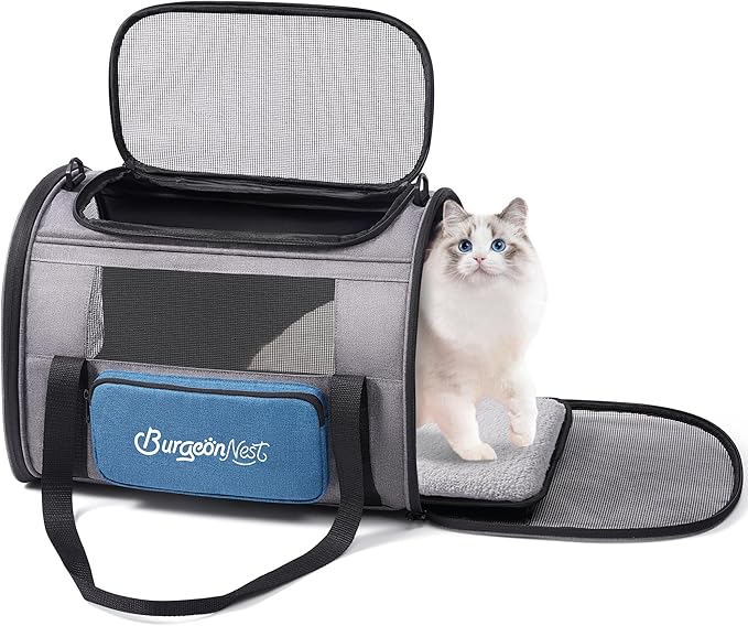 BurgeonNest Cat Carrier, Airline Approved Dog Carrier, Soft Sided Cat Pet Carrier for Small Medium Cats Dogs Under 20 lbs with Side Bag, Collapsible Travel Kitten Puppy Carriers, Blue