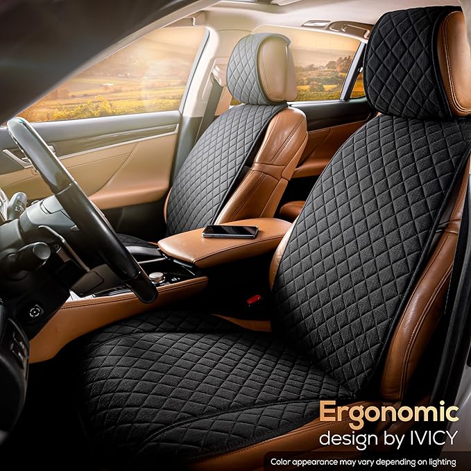 IVICY Faux Linen Car Seat Cover for Cars - Durable & Non-Slip - Front Car Seat Protector Covers for Most Automotive, Vans, SUVs, Trucks - 1 Unit - Black