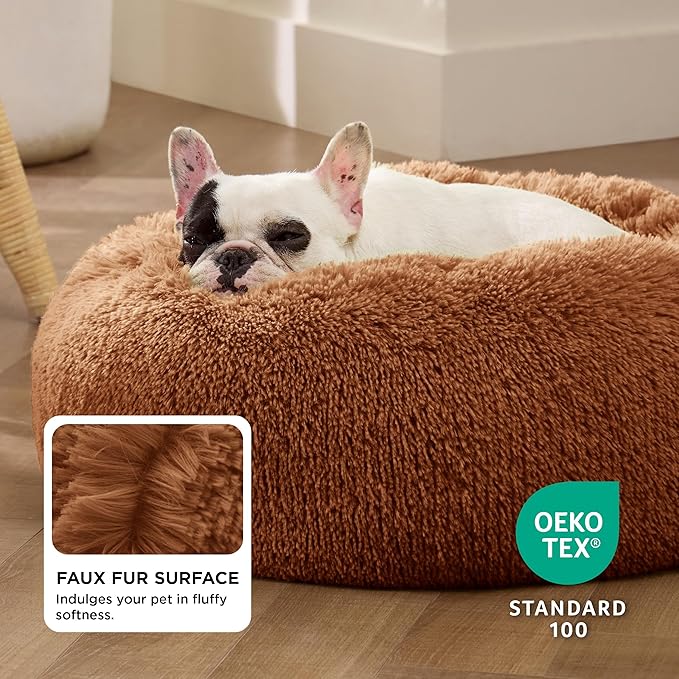 Bedsure Calming Dog Bed for Small Dogs - Donut Washable Small Pet Bed, 23 inches Anti-Slip Round Fluffy Plush Faux Fur Large Cat Bed, Fits up to 25 lbs Pets, Caramel