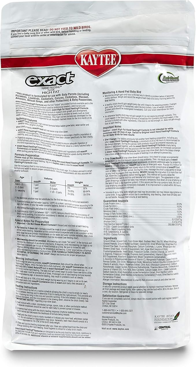 Kaytee Exact Hand Feeding High Fat Formula Pet Bird Baby Food For Parrots, Parakeets, Lovebirds, Cockatiels, Conures, Cockatoos, and Macaws, 5 Pound