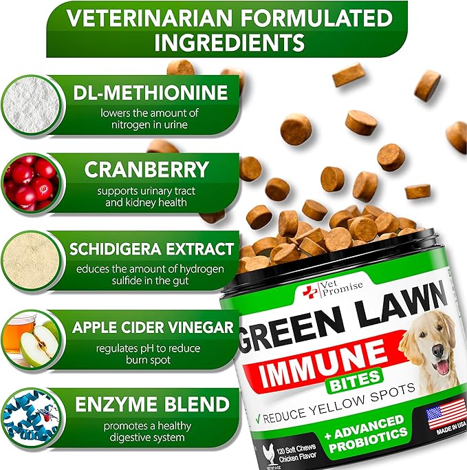 Grass Burn Spot Chews - Dog Urine Neutralizer for Lawn - 120 Grass Green Treats, Rocks - Pee Grass Spot Saver Caused by Dog Urine - Probiotics - Digestive Enzymes - Made in USA