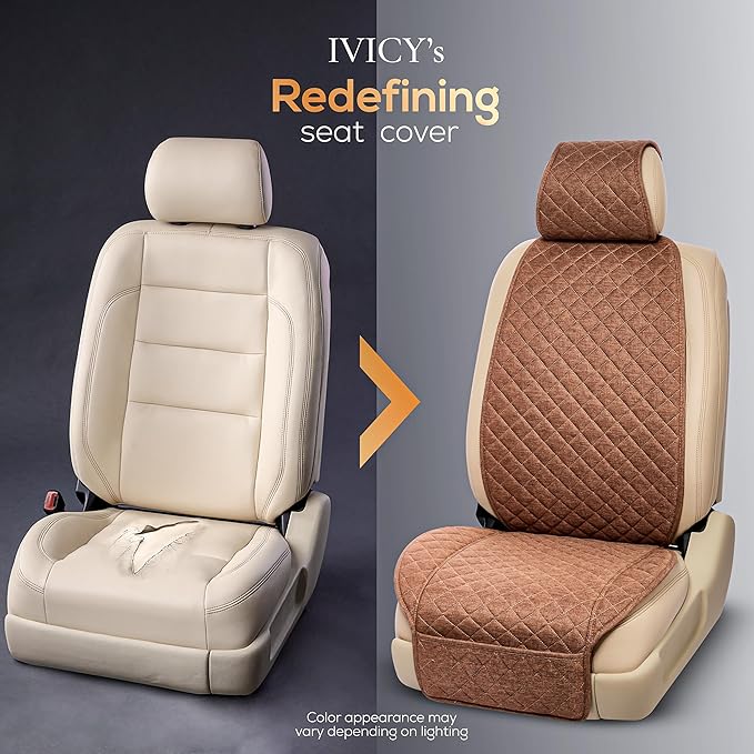IVICY Faux Linen Car Seat Cover for Cars - Durable & Non-Slip - Front Car Seat Protector Covers for Most Automotive, Vans, SUVs, Trucks - 1 Unit – Light Brown