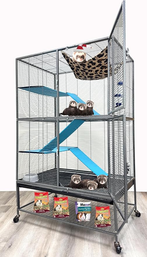 Huge 37"x24"x63"H Deluxe Two Full Story Double Unit Tight 1/2-Inch Bar Spacing X-Large Double Front Doors for Feisty Ferret Hammock Chinchilla Rat Mouse Gerbil Small Animals Critters Rolling Cage