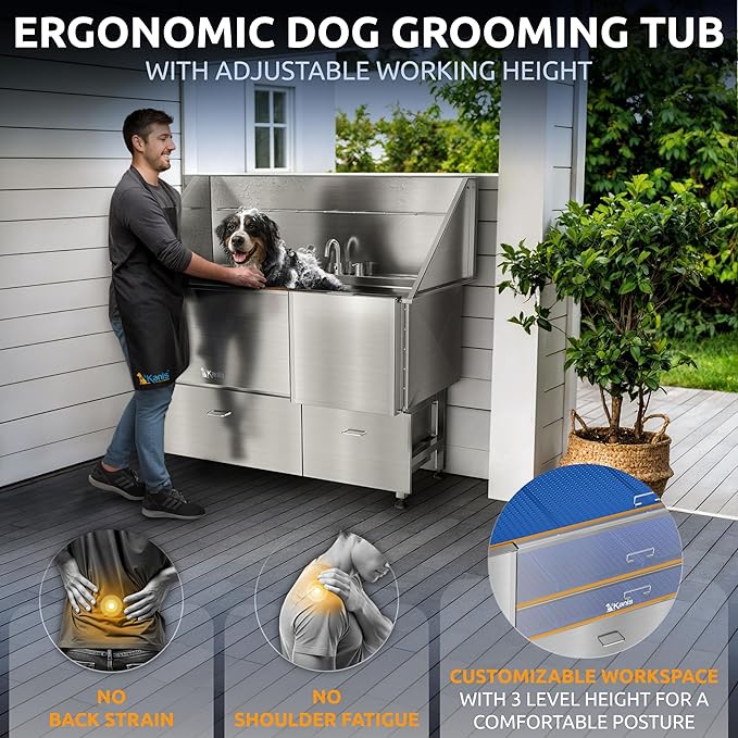 KANIS Professional Dog Washing Station - 304 Stainless Steel Pet Wash Sink & Grooming Bath Tub for Home with Ramp, Shower, Floor Grate, Storage Drawers, and Faucet for Large, Medium & Small Pets