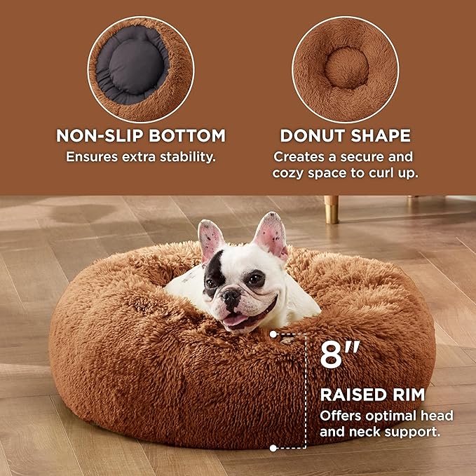 Bedsure Calming Dog Bed for Small Dogs - Donut Washable Small Pet Bed, 23 inches Anti-Slip Round Fluffy Plush Faux Fur Large Cat Bed, Fits up to 25 lbs Pets, Caramel