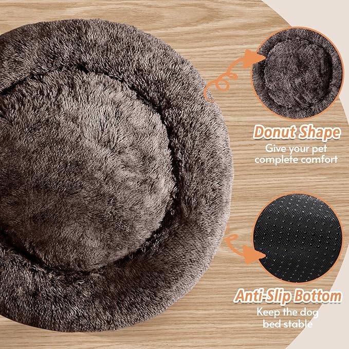 JOLLYVOGUE Calming Dog & Cat Bed for Large Dogs, Anti-Anxiety Donut Cuddler Cozy Soft Round Bed with Anti-Slip Bottom, Fluffy Faux Fur Plush Cushion Beds for Medium Dogs (36")