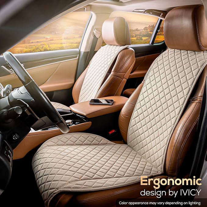 IVICY Faux Linen Car Seat Cover for Cars - Durable & Non-Slip - Front Car Seat Protector Covers for Most Automotive, Vans, SUVs, Trucks - 1 Unit - Light Beige
