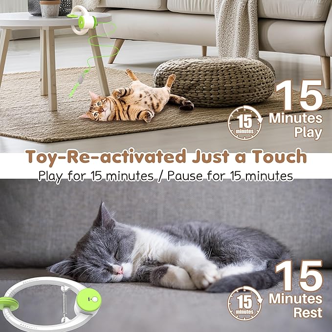 Interactive Cat Toys Rechargeable, Feather Toy for Indoor Cat, Hanging Retractable Teaser Toy, Automatic Kitten Play Chase Exercise Toys with Three Plush Mouse, USB Powered (Green)