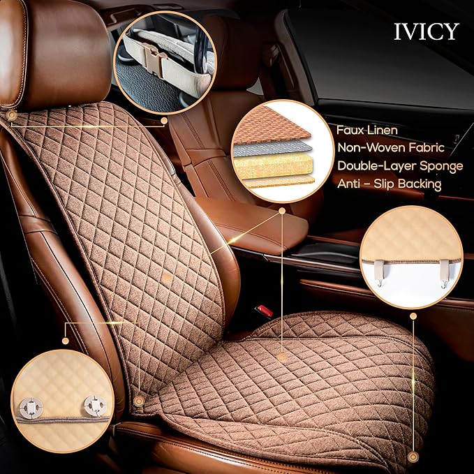 IVICY Faux Linen Car Seat Cover for Cars - Durable & Non-Slip - Front Car Seat Protector Covers for Most Automotive, Vans, SUVs, Trucks - 1 Unit – Light Brown