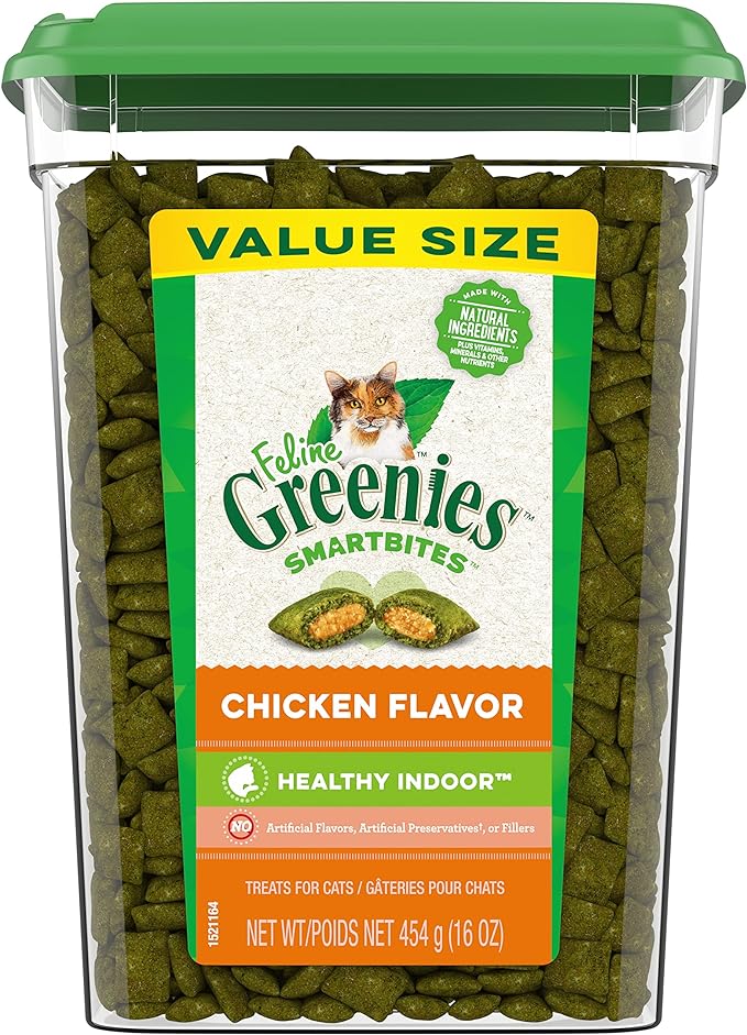 Greenies Feline Smartbites Healthy Indoor Cat Treats, Chicken Flavor, 16 oz. Tub
