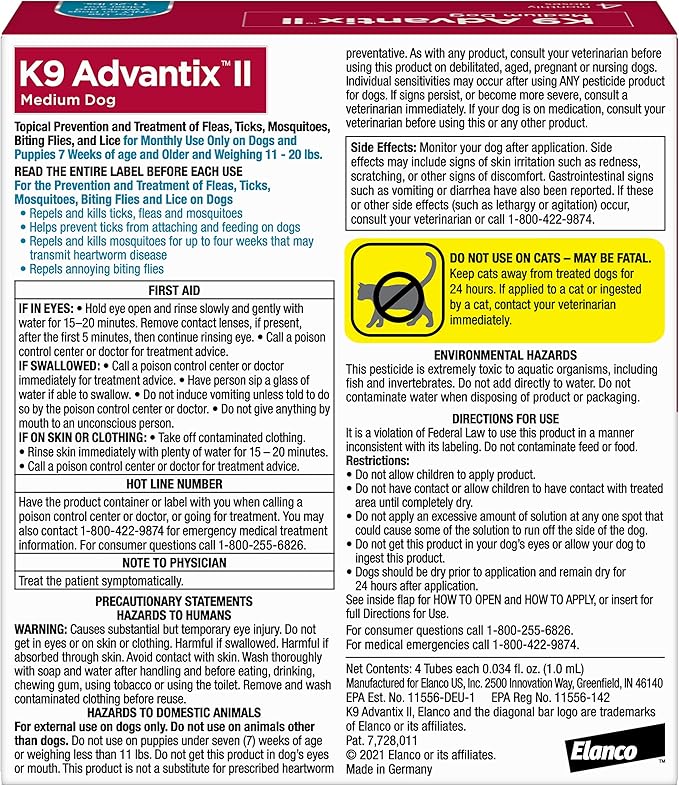 K9 Advantix II Medium Dog Vet-Recommended Flea, Tick & Mosquito Treatment & Prevention | Dogs 11-20 lbs. | 4-Mo Supply (Pack of 2)