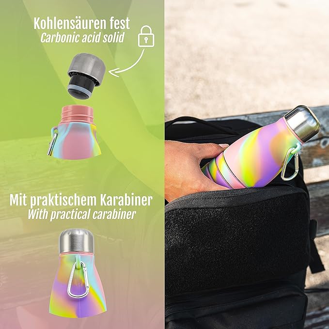 Foldable Drinking Bottle - BPA-free, leak-proof - Ideal festival accessory and practical outdoor companion with carabiner (Colorful)