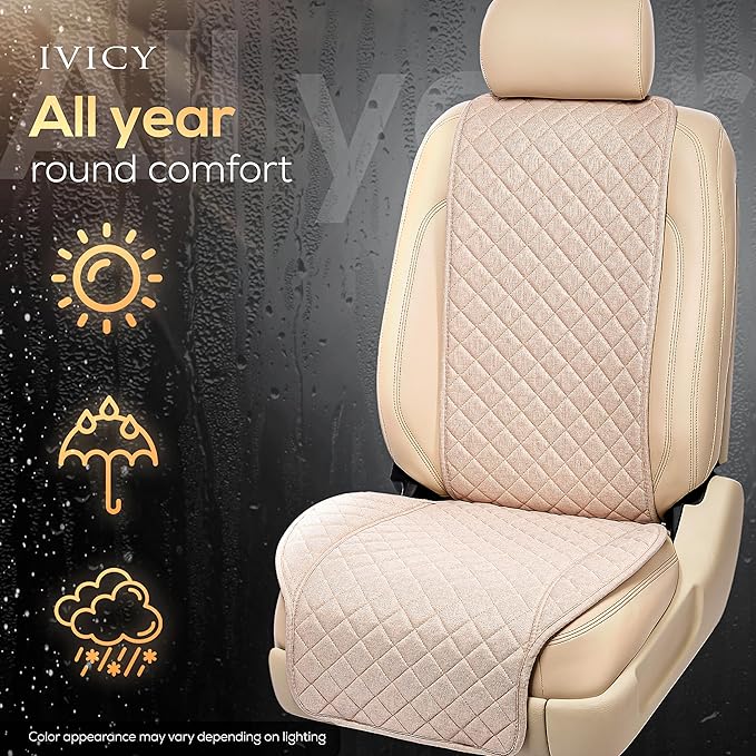 IVICY Faux Linen Car Seat Cover for Cars - Durable & Non-Slip - Front Car Seat Protector Covers for Most Automotive, Vans, SUVs, Trucks - 1 Unit - Light Beige