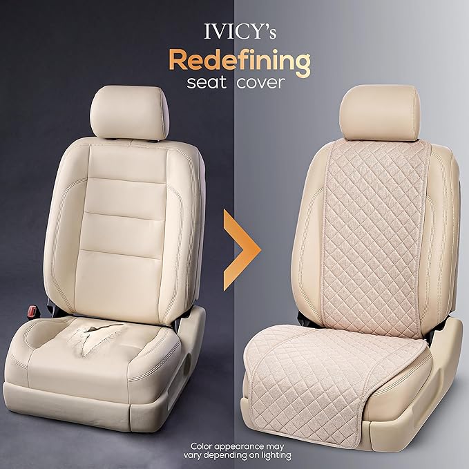 IVICY Faux Linen Car Seat Cover for Cars - Durable & Non-Slip - Front Car Seat Protector Covers for Most Automotive, Vans, SUVs, Trucks - 1 Unit - Light Beige