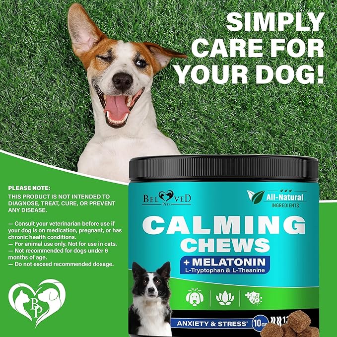 Beloved Pets Calming Chews for Dogs & Puppy - Pet Separation Anxiety Relief Soft Treats & Calm Behavior Aid - Melatonin for Sleep- Anti Stress Treatment Help with Thunder- Made in USA
