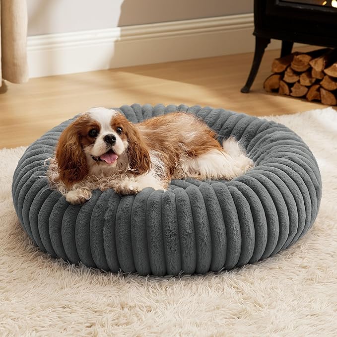 Bedsure Donut Medium Dog Bed - Washable Faux Fur with Corduroy Fleece & Anti Slip Bottom, Round Pet Bed with Removable Cover, Warm Grey, 30x30x8 inches