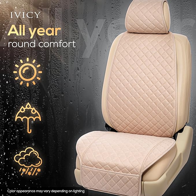 IVICY Faux Linen Car Seat Cover for Cars - Durable & Non-Slip - Front Car Seat Protector Covers for Most Automotive, Vans, SUVs, Trucks - 1 Unit – Light Beige