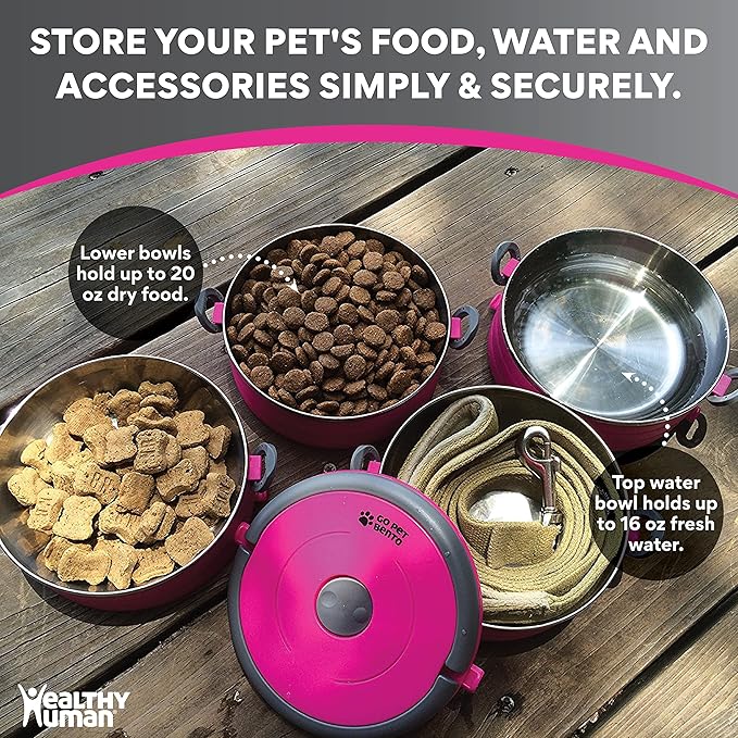 Healthy Human Travel Pet Bento Bowls - Human-Grade Stainless Steel & BPA-Free, Leak-Proof Water & Food Container Set for Dogs & Cats, 4-Pack Interlocking Bowls, Includes Spare Clips & Handle (Pink)