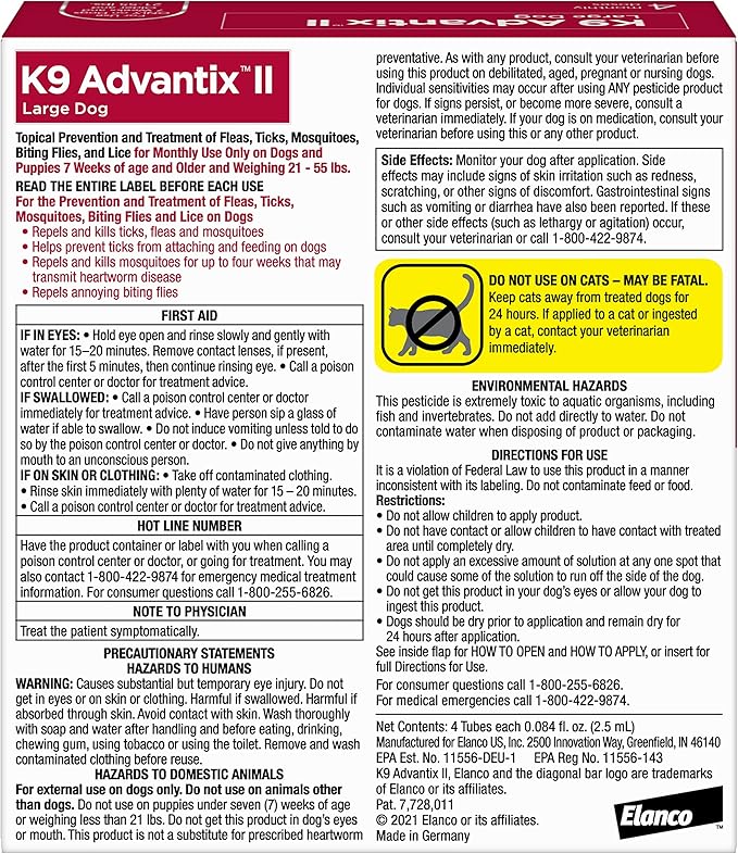 K9 Advantix II Large Dog Vet-Recommended Flea, Tick & Mosquito Treatment & Prevention | Dogs 21-55 lbs. | 4-Mo Supply (Pack of 2)