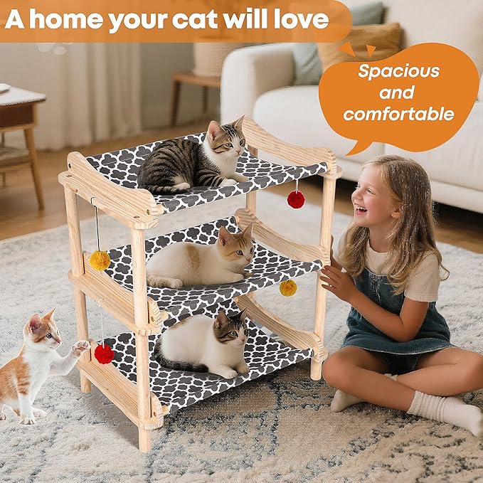 Large 3-Layer Cat Hammock Bed, 24"x15.7"x26.8" Elevated Cat Bed with Pine Wood Frame, Breathable Washable Covers, Wooden Pet Furniture for Indoor Cats and Small Animals(Grey, 3-Tier)