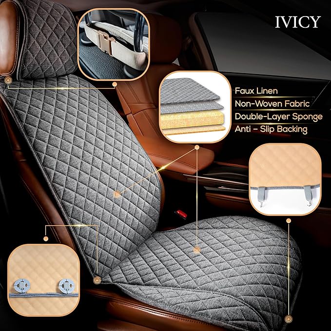 IVICY Faux Linen Car Seat Cover for Cars - Durable & Non-Slip - Front Car Seat Protector Covers for Most Automotive, Vans, SUVs, Trucks - 1 Unit - Cool Gray