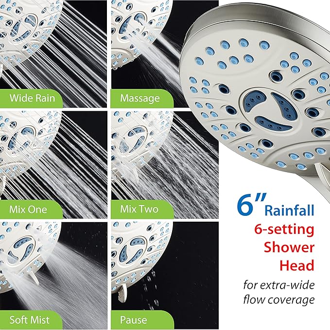 Hotel Spa AquaCare As-Seen-On-TV High Pressure Handheld/Rain 50-mode 3-way Shower Head Combo with Adjustable Arm - Anti-clog Nozzles, Tub & Pet Power Wash, 6 ft. Stainless Steel Hose, Nickel Finish