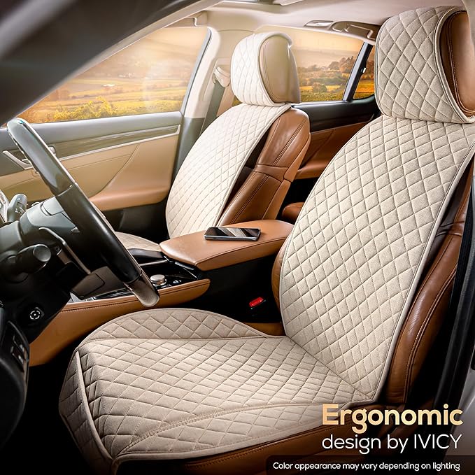 IVICY Faux Linen Car Seat Cover for Cars - Durable & Non-Slip - Front Car Seat Protector Covers for Most Automotive, Vans, SUVs, Trucks - 1 Unit – Light Beige