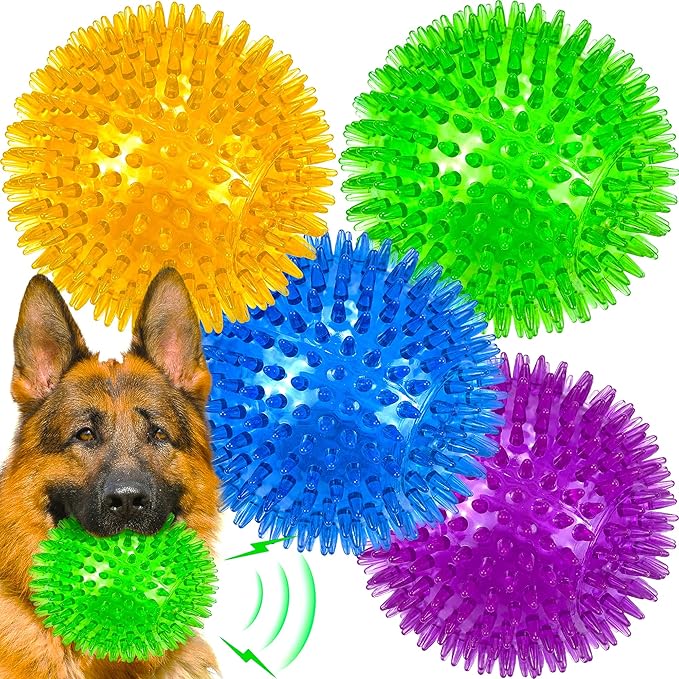 4-Pack Large Squeaky Dog Balls, 4.5" Rubber Spiky Dog Balls for Large Medium Aggressive Chewers Teeth Cleaning, Chew Toy for Training & Boredom Buster