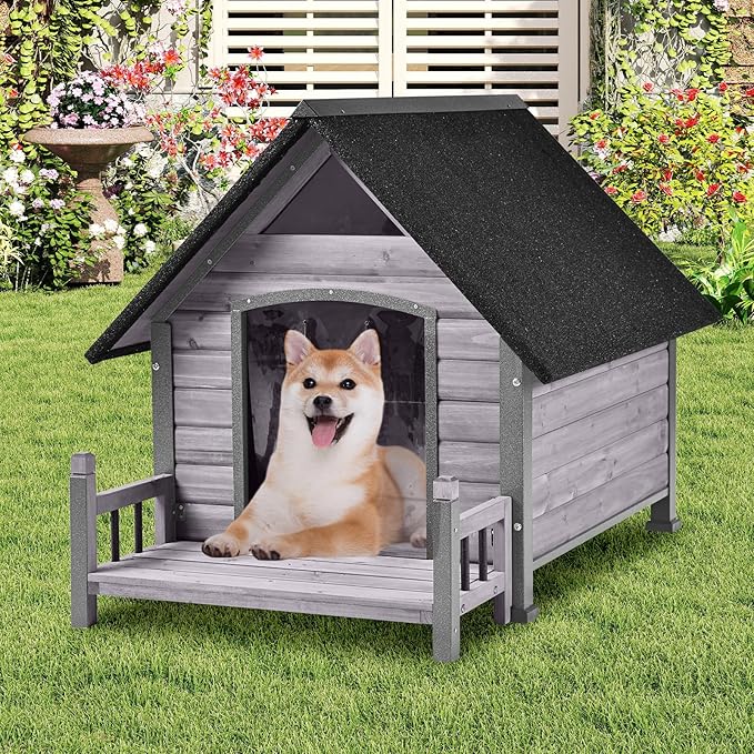 GUTINNEEN Dog House Outdoor with Anti-Bite Metal Frame, Dog Kennel with Porch and Weatherproof Roof for Small, Medium, Large Breeds, Puppy Home Indoor (Grey, 45’’ Medium)