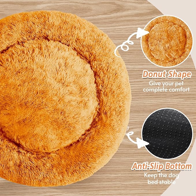 JOLLYVOGUE Medium Calming Dog Bed, Anti-Anxiety Donut Cuddler Cat Bed with Anti-Slip Bottom, Fluffy Faux Fur Machine Washable Pet Cushion for Medium Large Dog & Cat (31")
