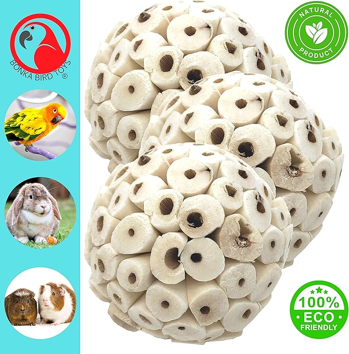 Bonka Bird Toys 1214 Pk3 All-Natural Sola Atta Balls, 3-Pack, 2" Diameter, Soft and Lightweight Chew and Foot Toys for Birds, Small Pets, and DIY Crafts, Safe for Parrots, Parakeets, and Cockatiels