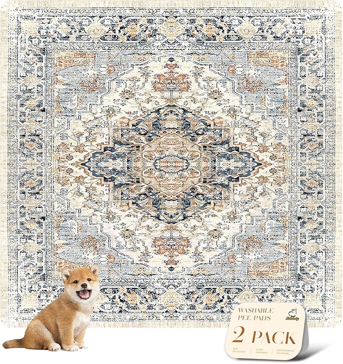 nunubaby 2PACK Washable Pee Pads for Dogs, Stylish, Non-Slip and Leak-Proof Pee Pads. Reusable Potty Pads for Dogs for Crates and Floors.(Beige/Multi, 72" x72")