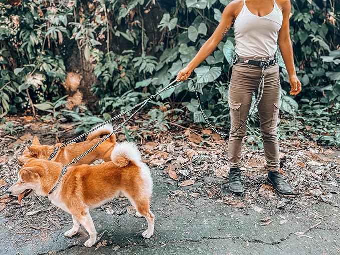 Tuff Pupper Heavy Duty Hands Free Dog Leash | Two Small/Medium Dogs Up to 90 lbs | Comfortable Shock Absorbing Bungee | Reflective Padded Handles | Lumbar Waist Belt 22-45" | Jogging Running Leash