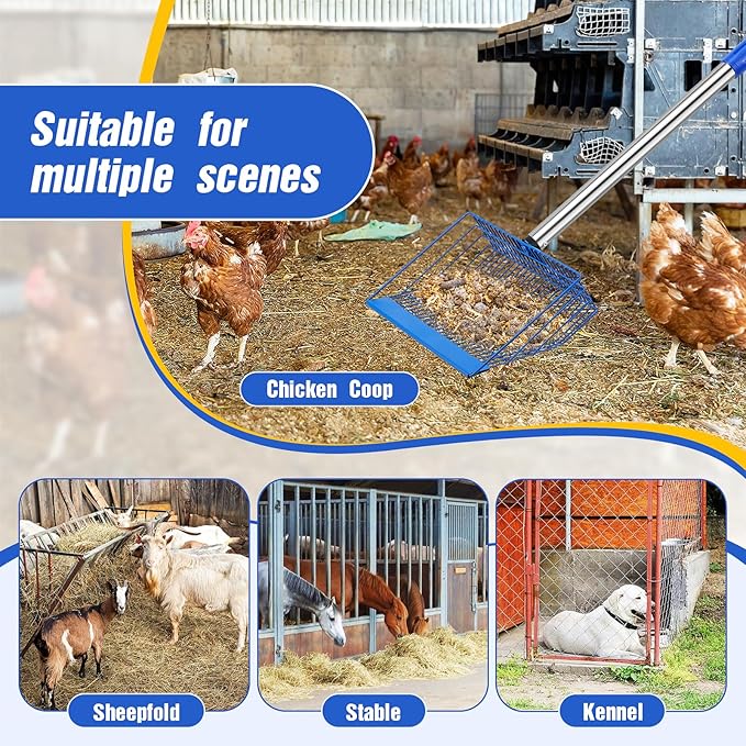 Large Chicken Poop Scooper, Heavy Duty Chicken Coop Scoop for Sand, 35" to 64" Adjustable Stainless Steel Handle, Multifunctional Sifting Shovel for Chicken Coop/Goat Stall/Stable Cleaning