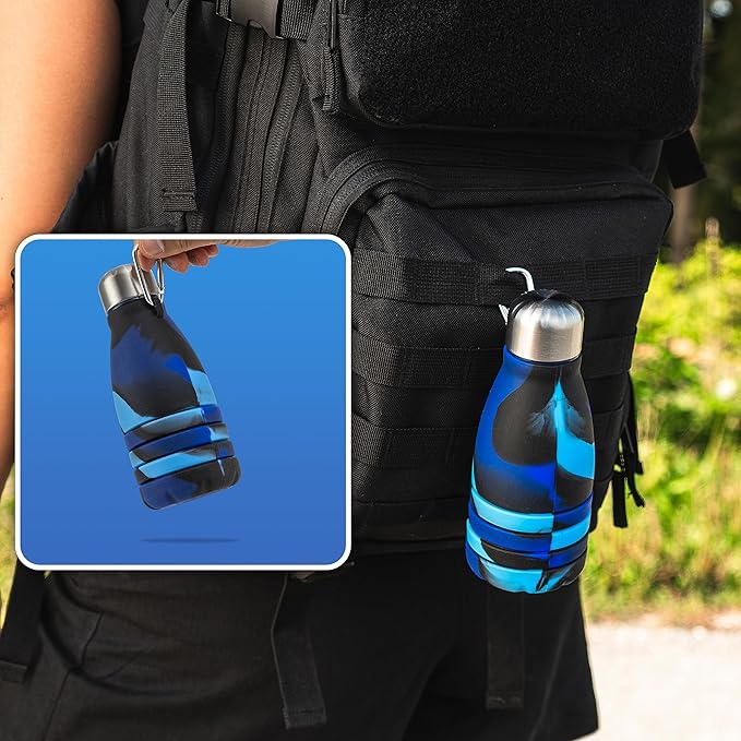 Foldable Drinking Bottle - BPA-free, leak-proof - Ideal festival accessory and practical outdoor companion with carabiner (Dark blue)