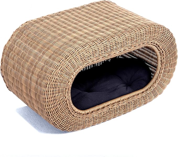 Fun Stackable Wicker Cat Hideaway House - Interactive Play Rattan Cat House for Indoor Cats Kitty, Pet Friendly Top/Side House Entry, Cat Bed Enclosed