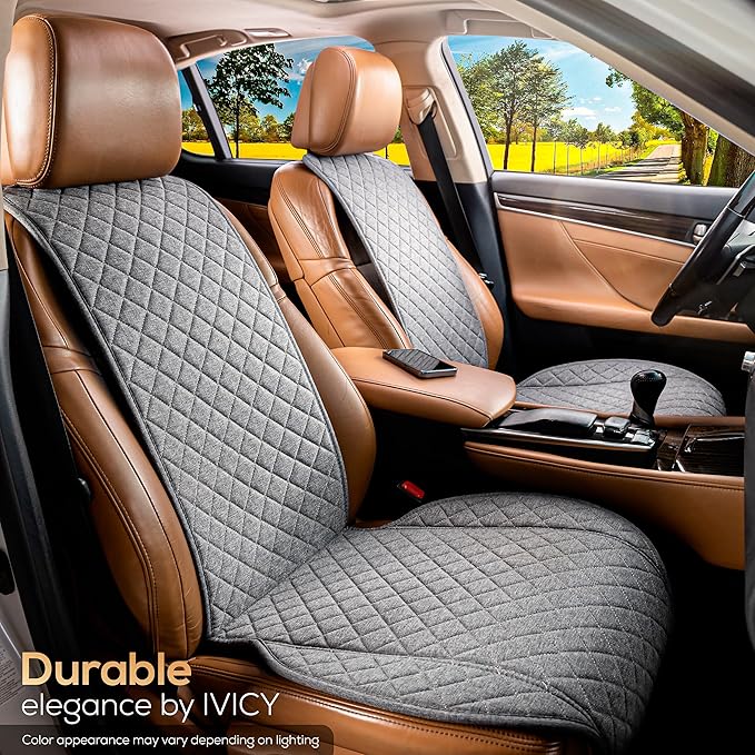 IVICY Faux Linen Car Seat Cover for Cars - Durable & Non-Slip - Front Car Seat Protector Covers for Most Automotive, Vans, SUVs, Trucks - 1 Unit - Cool Gray