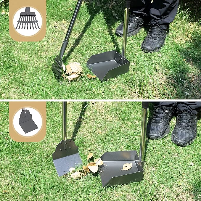 Heeyoo Dog Pooper Scooper, Dog Poop Tray and Rake Set, Pet Waste Removal Scoop with Long Adjustable Sectional Stainless Handles