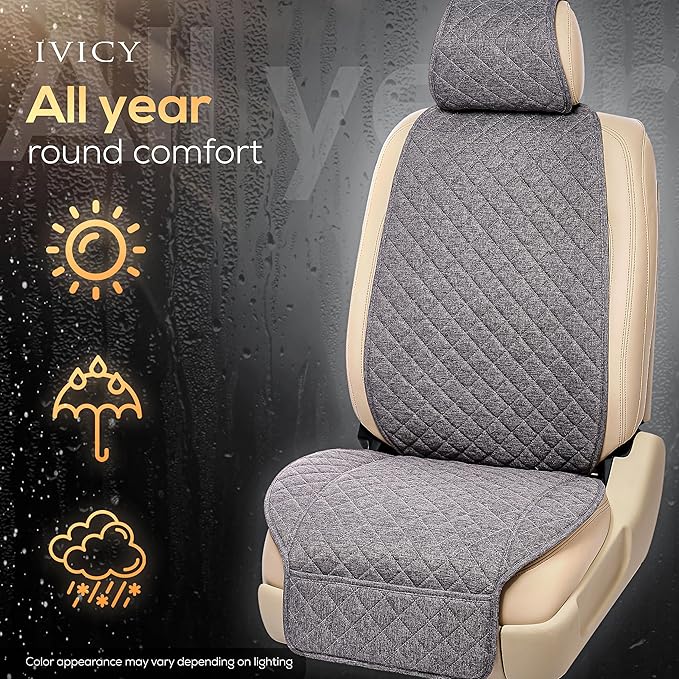 IVICY Faux Linen Car Seat Cover for Cars - Durable & Non-Slip - Front Car Seat Protector Covers for Most Automotive, Vans, SUVs, Trucks - 1 Unit - Cool Gray