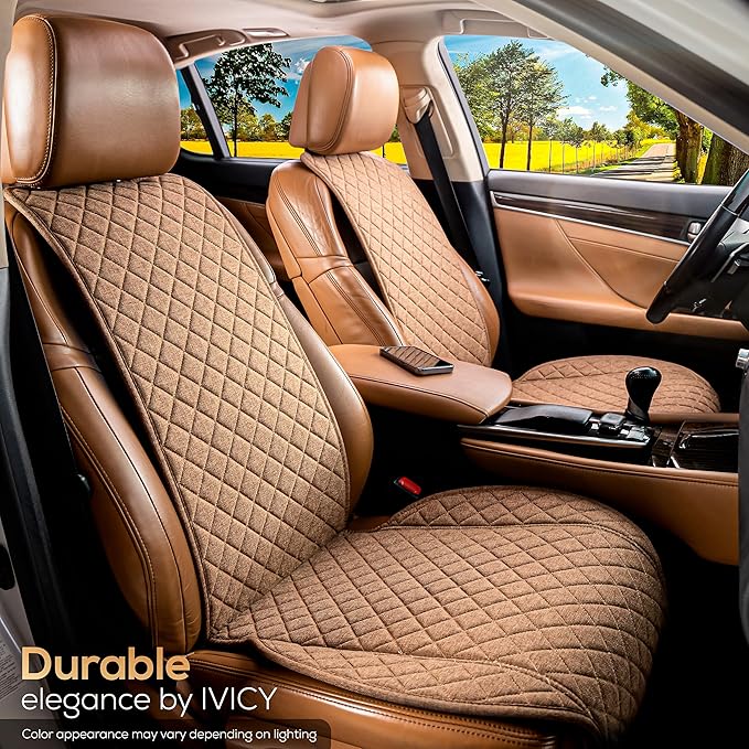 IVICY Faux Linen Car Seat Cover for Cars - Durable & Non-Slip - Front Car Seat Protector Covers for Most Automotive, Vans, SUVs, Trucks - 1 Unit – Light Brown