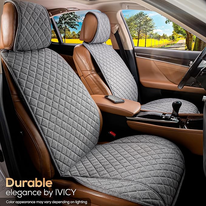 IVICY Faux Linen Car Seat Cover for Cars - Durable & Non-Slip - Front Car Seat Protector Covers for Most Automotive, Vans, SUVs, Trucks - 1 Unit - Cool Gray